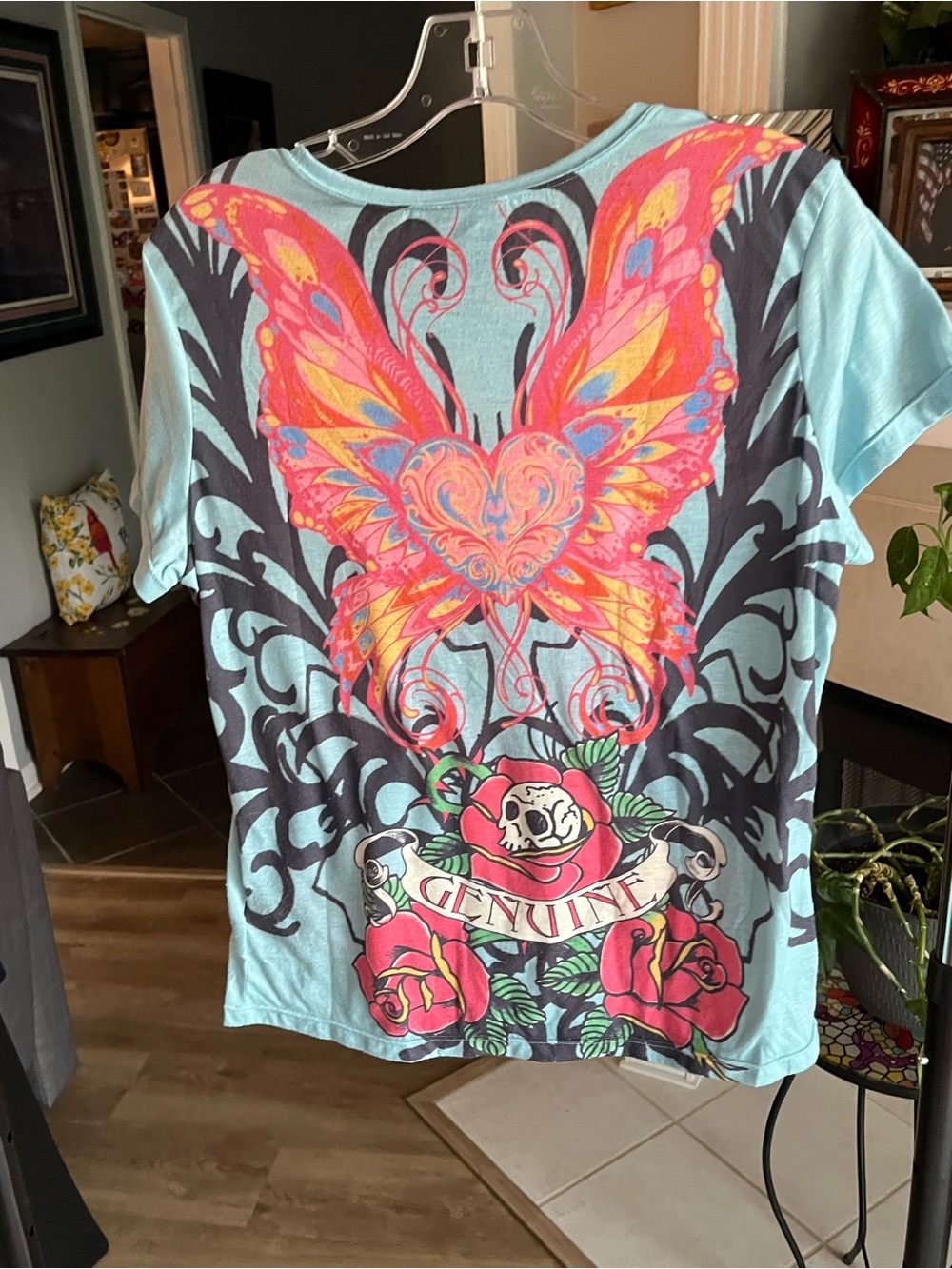 Harley-Davidson Light Blue Tee with Pink & Orange Butterfly Heart Graphic